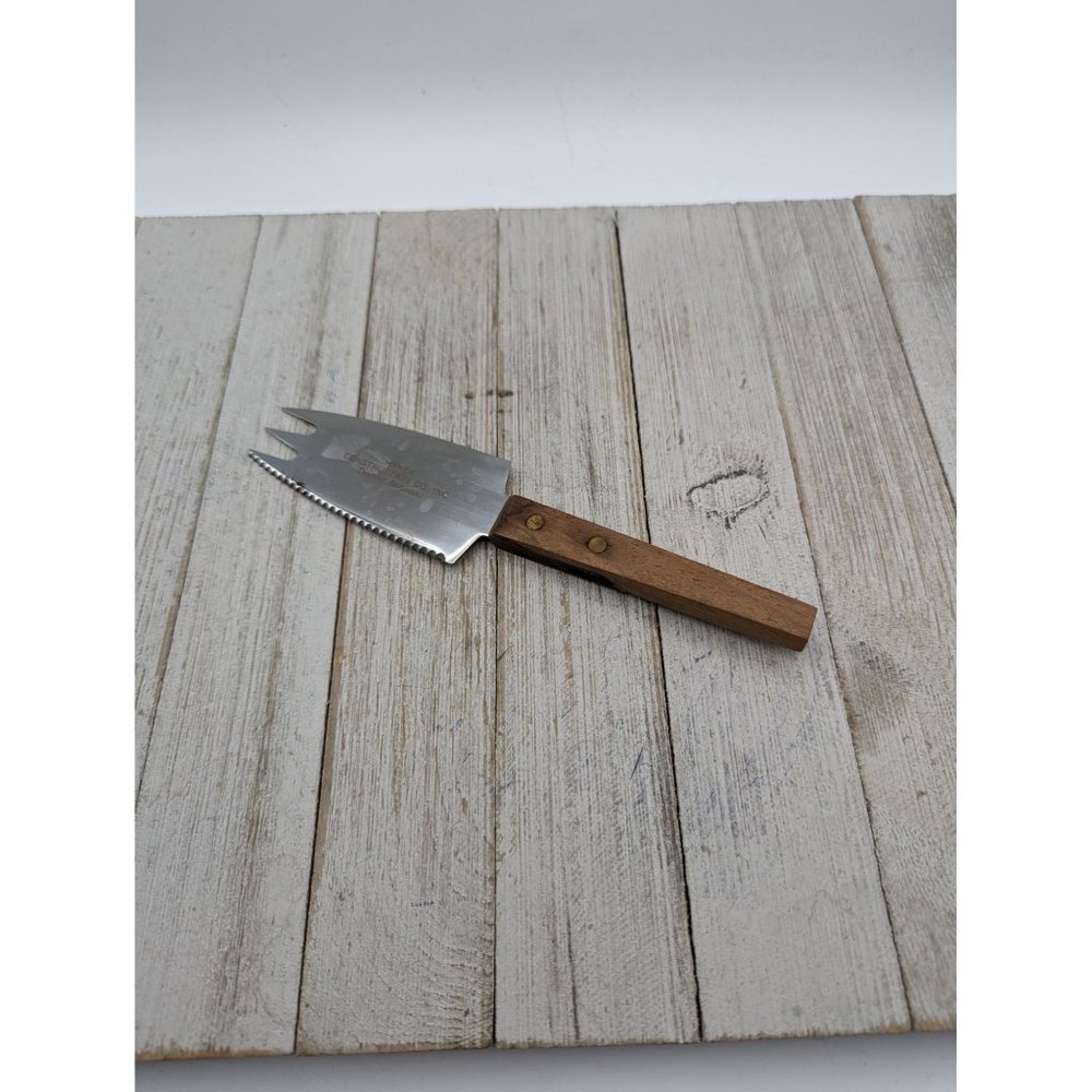 Utility Cheese Meat Slicing Knife 3 1/2" Serrated 3 Prongs 7 3/4" Wood Handle
